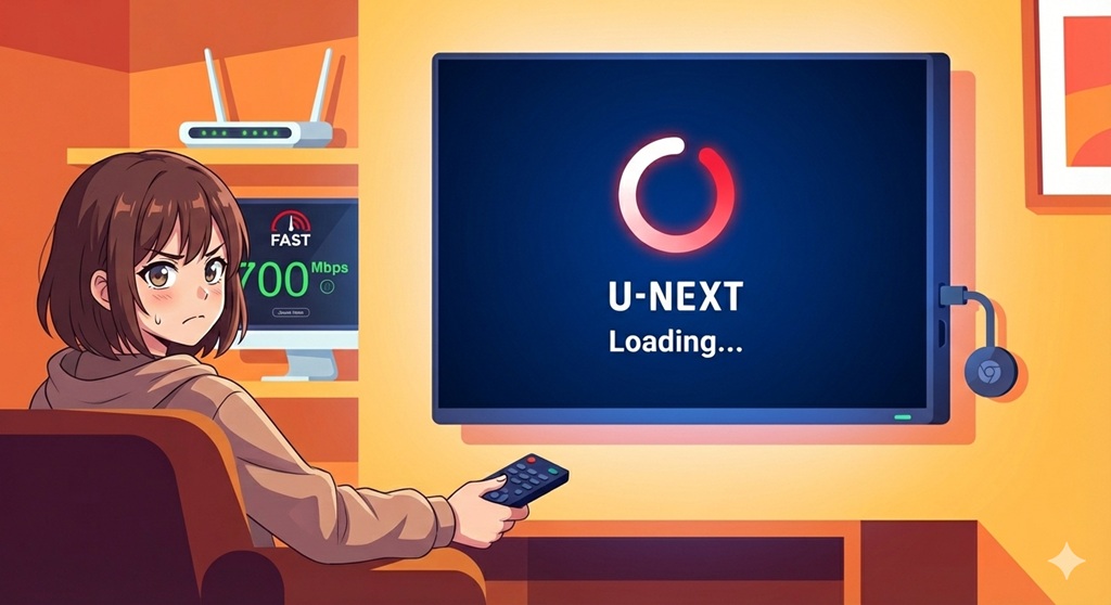 リモコンを持って大きなテレビ画面を見ている、イライラした様子の女子。