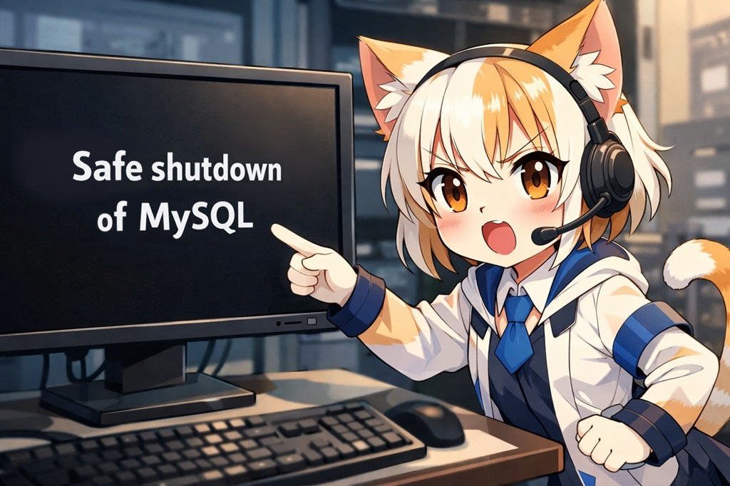 猫ガールが「MySQLの安全なシャットダウン」を示している