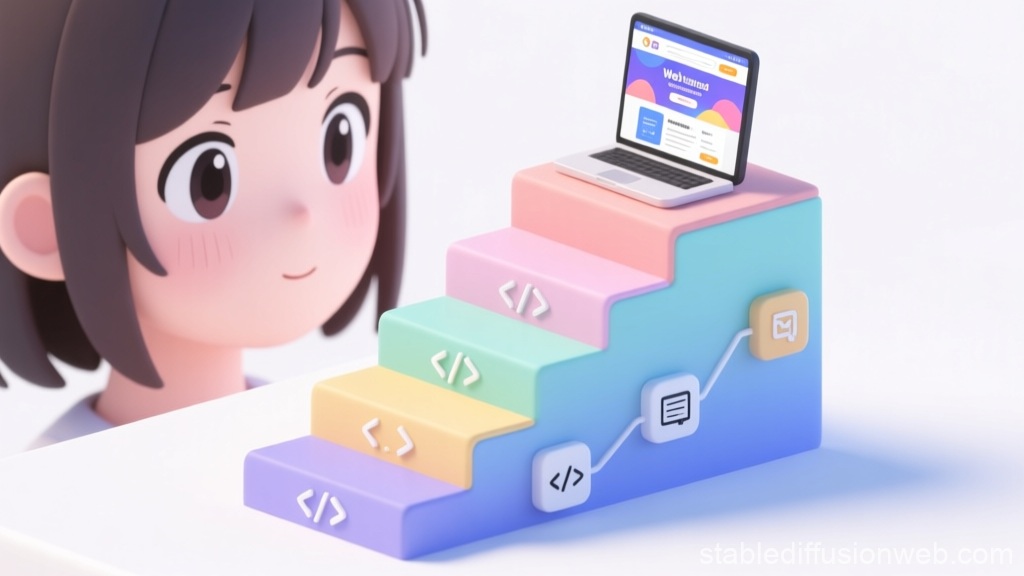 htmlのステップアップ階段を見つめる女子の顔