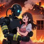 火災現場の救援ロボットと女子