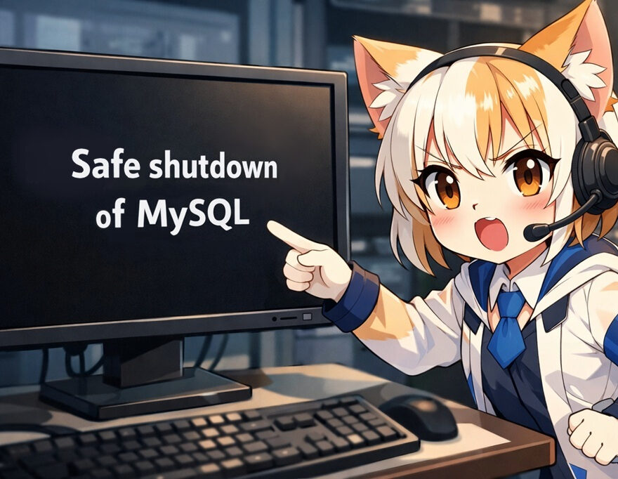 猫ガールが「MySQLの安全なシャットダウン」を示している
