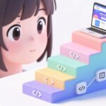 htmlのステップアップ階段を見つめる女子の顔