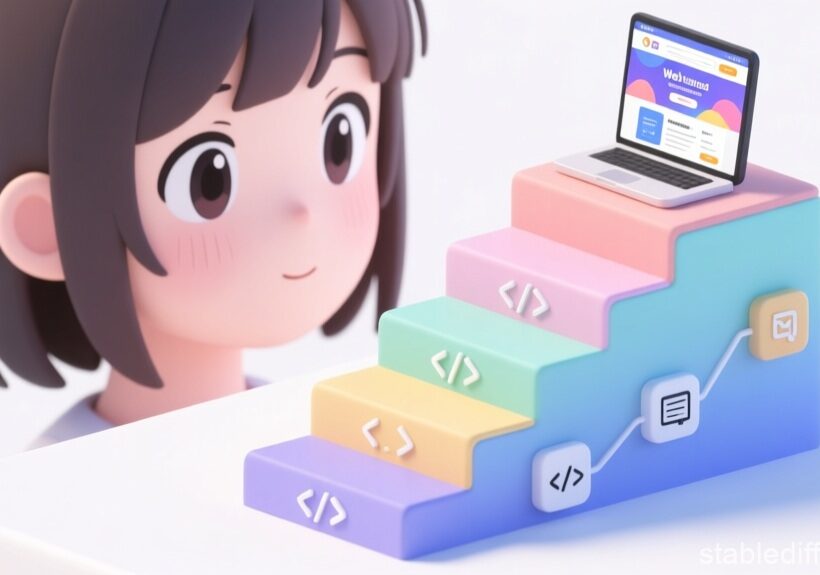 htmlのステップアップ階段を見つめる女子の顔