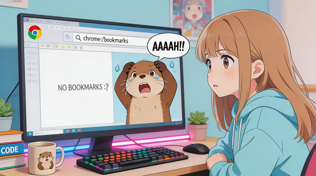 Chromeブックマークが消えて戸惑っているラッコの画像を見る女子