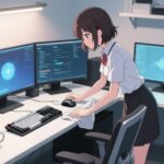 Web制作用の机を掃除している女子