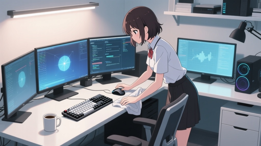 Web制作用の机を掃除している女子