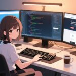 ３台のモニターでWordPress編集作業をする女子