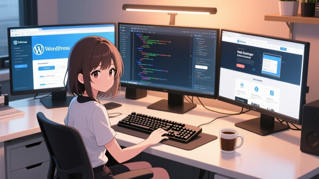 ３台のモニターでWordPress編集作業をする女子